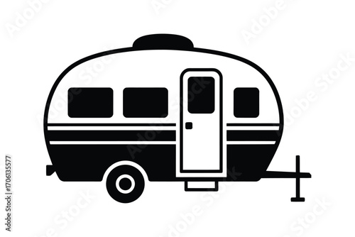 Simple black and white illustration of a vintage travel trailer