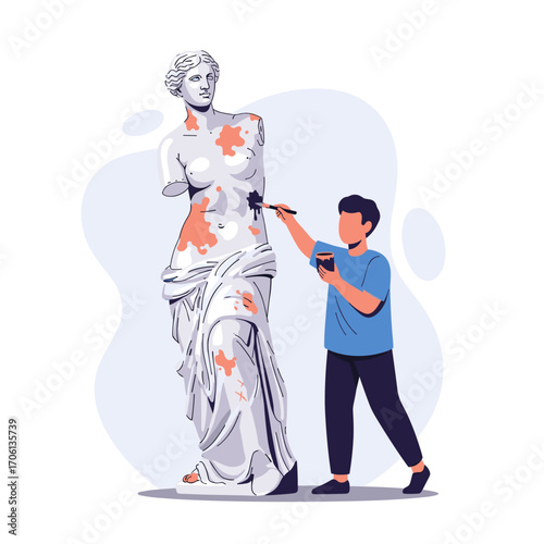 Artist painting a classical sculpture in a studio setting.