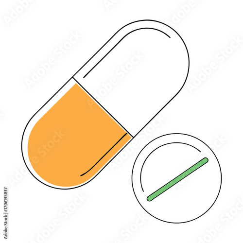 Vector art of a single capsule with an orange and white color, next to a circular icon with a green line