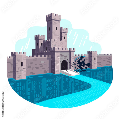 Digital Fortress Under Attack by Cyber Threats Represented by Abstract Shapes.