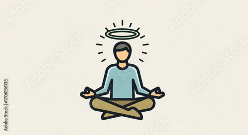 A man meditating with a halo above his head, , symbolizing peace, enlightenment, and spiritual wellbeing through mindfulness