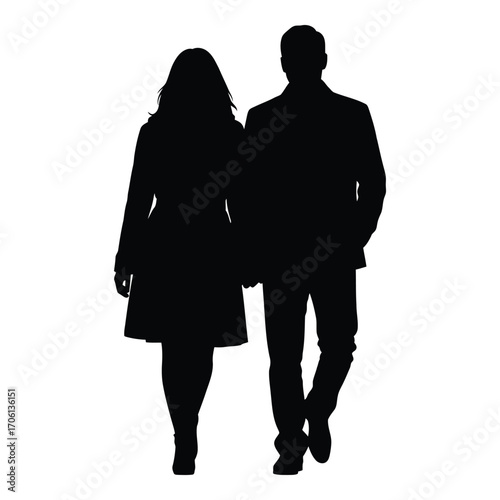 Silhouette couple walking together romantic stroll evening fashion stylish attire silhouette