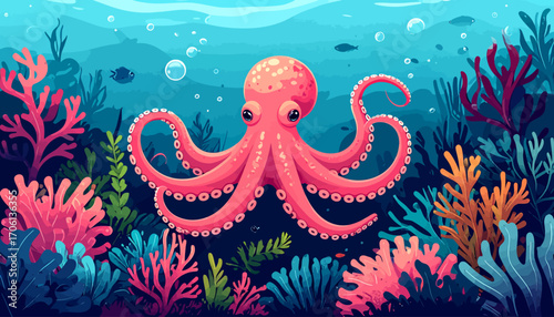 Vibrant cartoon illustration of a cute pink octopus exploring a colorful coral reef in a whimsical underwater ocean scene