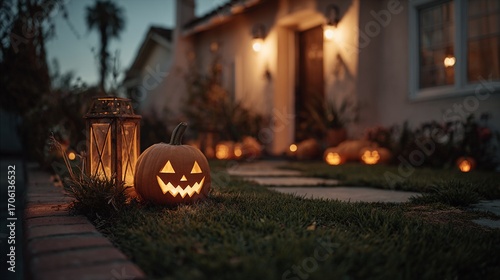 A cozy Halloween scene featuring a glowing Jack-o'-lantern and lanterns illuminating a charming home entrance, inviting the spirit of fall festivities and celebrations.