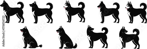 A Set of Black Dog Silhouettes in Various Poses, Including Standing and Sitting, Perfect for Pet, Animal, and Canine-Themed Designs.