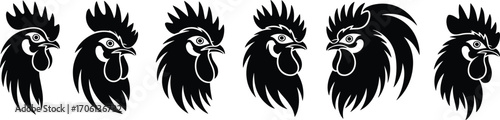 Rooster head silhouette, a collection of unique logo designs for chicken farm, food products, and agriculture brand.