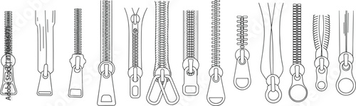 Different types of zipper pulls, metal and plastic zippers, close-up of zipper teeth, fasteners for clothing, accessories, bags, jackets, fashion, sewing supplies, garment hardware, variety
