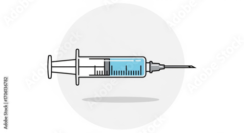 Illustration of a syringe with blue liquid inside, , representing vaccination and medical treatment for diseases