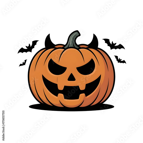 Cute and spooky Halloween Jack-o'-lantern illustration with flying bats, isolated on a clean white background for seasonal designs.