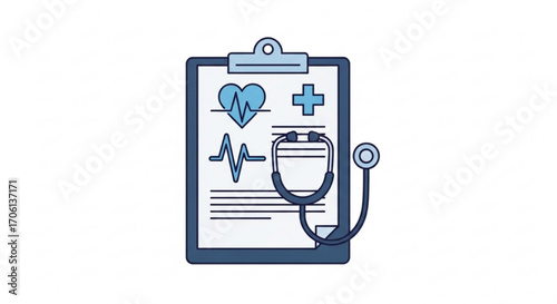 Medical clipboard with heart, plus sign, heartbeat, and stethoscope for healthcare and medical concept