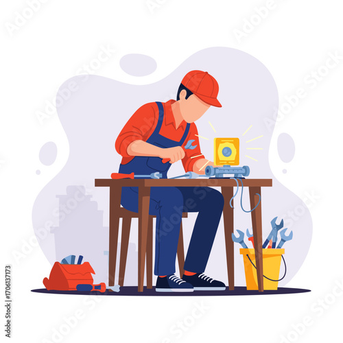 Mechanic working on a table with tools and equipment.