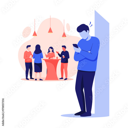 Man engrossed in his phone at a social gathering.