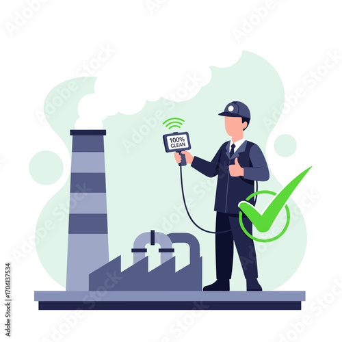 Industrial inspection worker using handheld device near factory chimney.