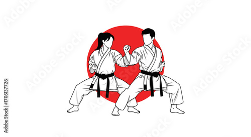 Martial arts training with two figures practicing combat moves in front of a red circle representing japan