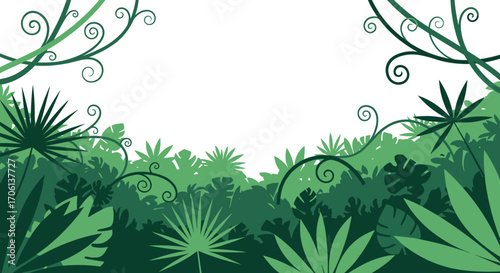 Lush green tropical jungle foliage with winding vines and ferns