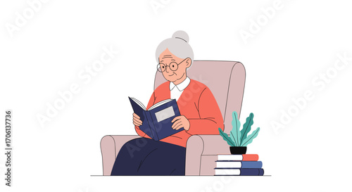 Elderly woman relaxing in a comfortable armchair reading an interesting book surrounded by houseplants
