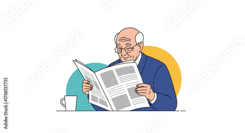 Elderly gentleman engrossed in reading daily newspaper over coffee