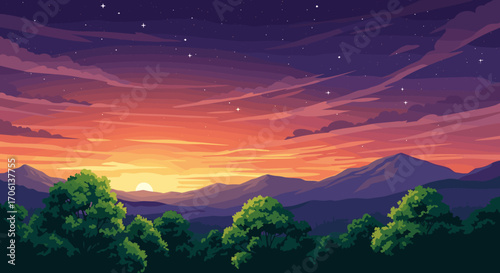 A serene pixelated sunset painting over rolling hills and lush green trees under a starry sky