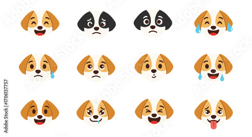 Collection of adorable dog face emoticons expressing a wide range of emotions and feelings