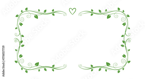 An elegant border design featuring delicate green vines and leaves creating a whimsical natural frame embellished with a subtle heart accent