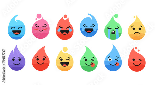 A collection of cute cartoon water droplet characters expressing various emotions and feelings through facial expressions
