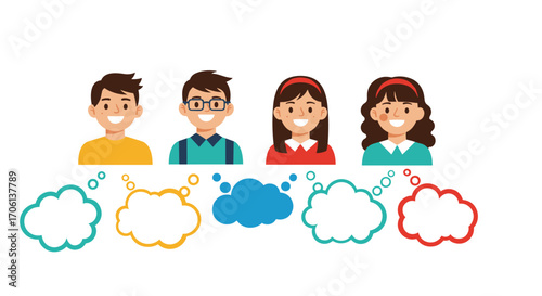 Diverse group of children with empty thought bubbles illustrating ideas and communication