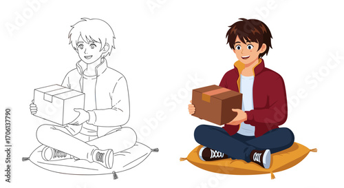 A young man happily sits cross legged holding a small cardboard box delivery parcel presentation gift package