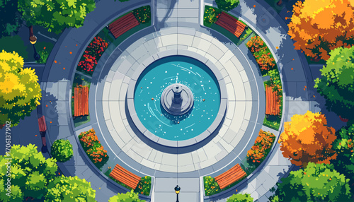 Aerial top-down illustration of a serene city park plaza with a central water fountain, an urban oasis for peaceful relaxation