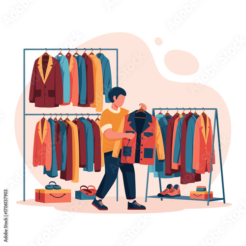 Man choosing clothes from a rack in a store.