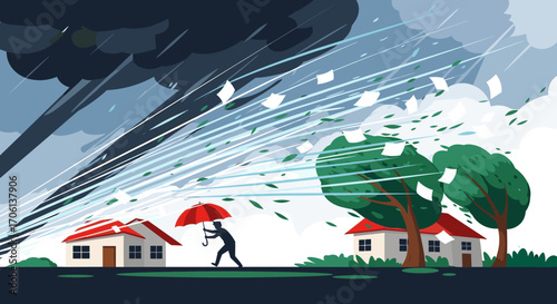 Person holding red umbrella bravely facing strong winds and heavy rain during a severe thunderstorm with trees and houses battered