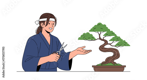 Skilled artisan carefully trims miniature tree demonstrating ancient japanese art form