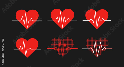 Set of stylized red heart shapes with electrocardiogram lines indicating a healthy pulse and cardiac rhythm on a dark background