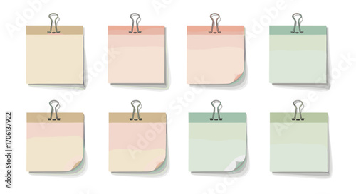 Eight blank paper note pads attached with metal clips on a white background