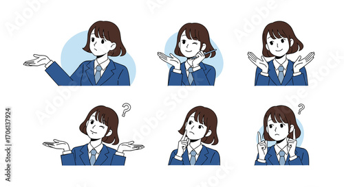 Collection of animated facial expressions and gestures of a young woman depicting various emotions and thoughts
