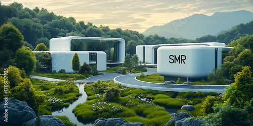 Small modular reactor (SMR) integrated within modern architecture, nuclear energy, compact reactor, reactor plant, nuclear facility, forest landscape, grassy fields