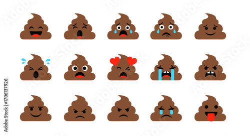 Collection of cute poop emoji icons representing various emotions and expressions