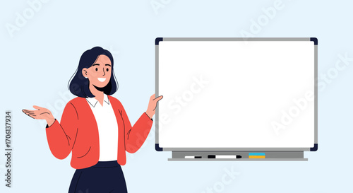Engaging teacher presenting information on a whiteboard with enthusiastic gestures and a friendly smile