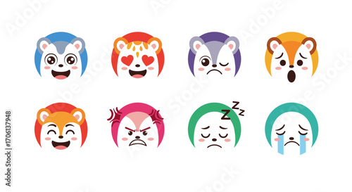 Collection of adorable cartoon animal emoticons expressing various emotions joy love sadness and anger