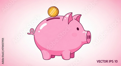 A pink piggy bank with a gold coin on top, illustrating saving money and financial planning on a light pink background