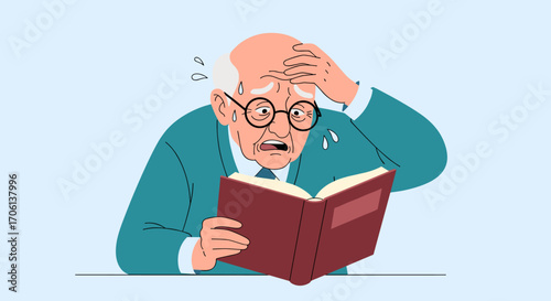 Elderly man experiences confusion and frustration while trying to read a book affecting his memory
