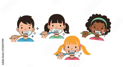 Children brushing their teeth together demonstrating good oral hygiene habits