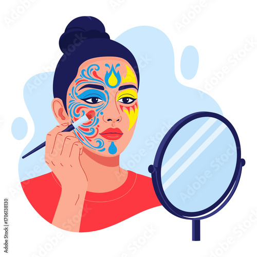 Woman Applying Colorful Face Paint in Front of Mirror.