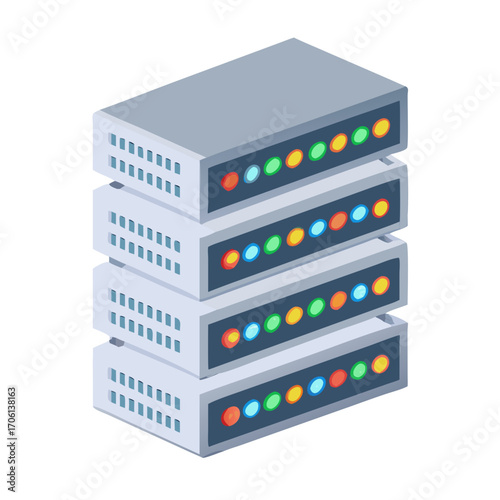 Vector illustration of data server racks with lights, flat clean design technology and cloud storage concept
