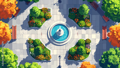 Symmetrical city park square viewed from above, featuring a central water fountain, lush gardens, and vibrant seasonal trees in a stylized illustration