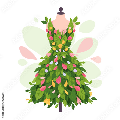 A beautiful dress made of green leaves and colorful flowers on a mannequin.
