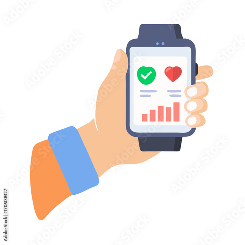 Vector illustration of hand holding smartwatch with health tracker app, flat clean design medical and fitness wearable technology

