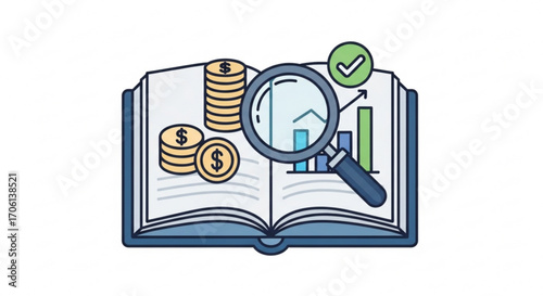 Financial analysis with book, coins, magnifying glass, and graph, a concept for investment and accounting