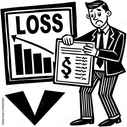 Worried businessman faces financial loss, showing a declining graph and dollar sign, representing economic downturn and market challenges in business, originally created as scalable vector art