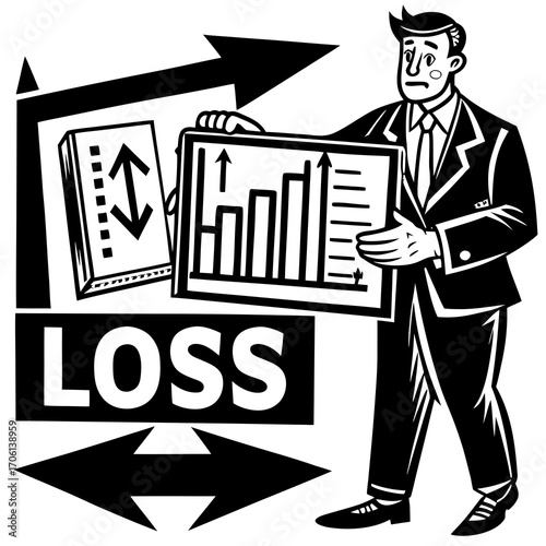 Worried businessman faces financial losses, charts plummeting in business report, professional facing economic downturn, failure, and market decline, a classic illustration