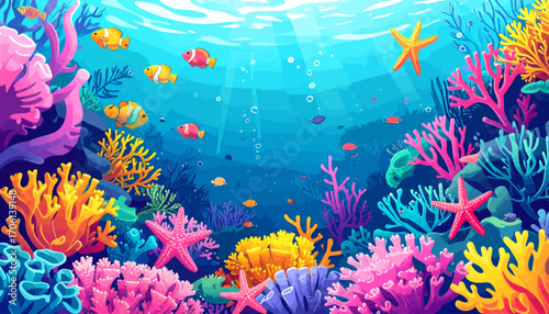 Vibrant underwater coral reef scene with colorful fish and starfish, a serene ocean environment